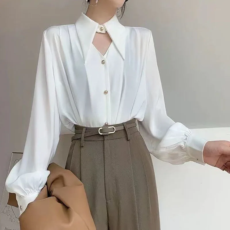 Fashion Chic Turn-down Collar Long Sleeve Blouse Female Clothing 2023 Spring New Korean Solid Color Elegant OL Button Shirts