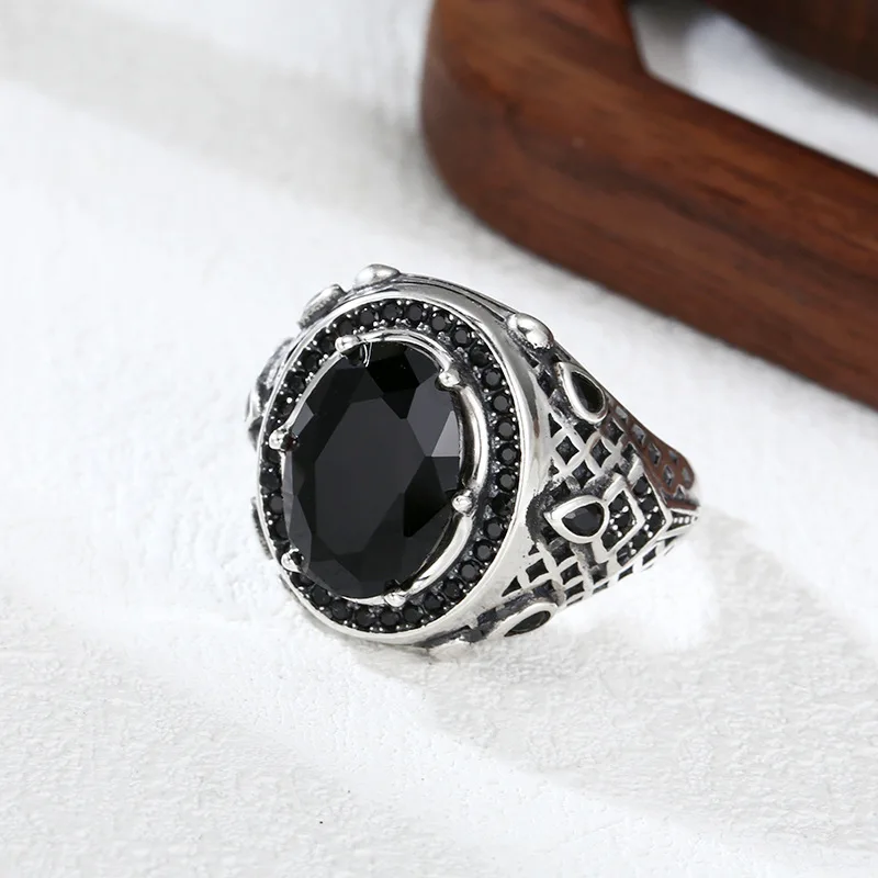 925 Sterling Men And Women,-Shaped Black Agate Ring, Open-End Thai Silver Jewelry