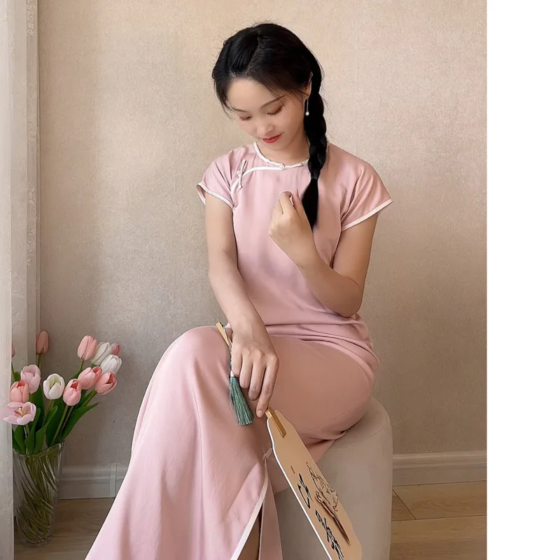 

Fangjue Summer Lightweight Breathable Cool Nel round Ne Pink Qipao Young Girls Daily Life Ele Long ort...