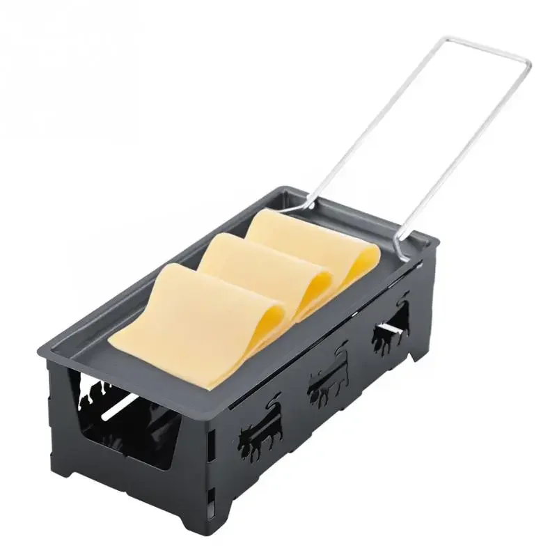 

Metal Carbon Steel Mini Cheese Raclette Non-stick Coating Candles Heated Baking Tray Foldable Handle with Spatula Cook Set