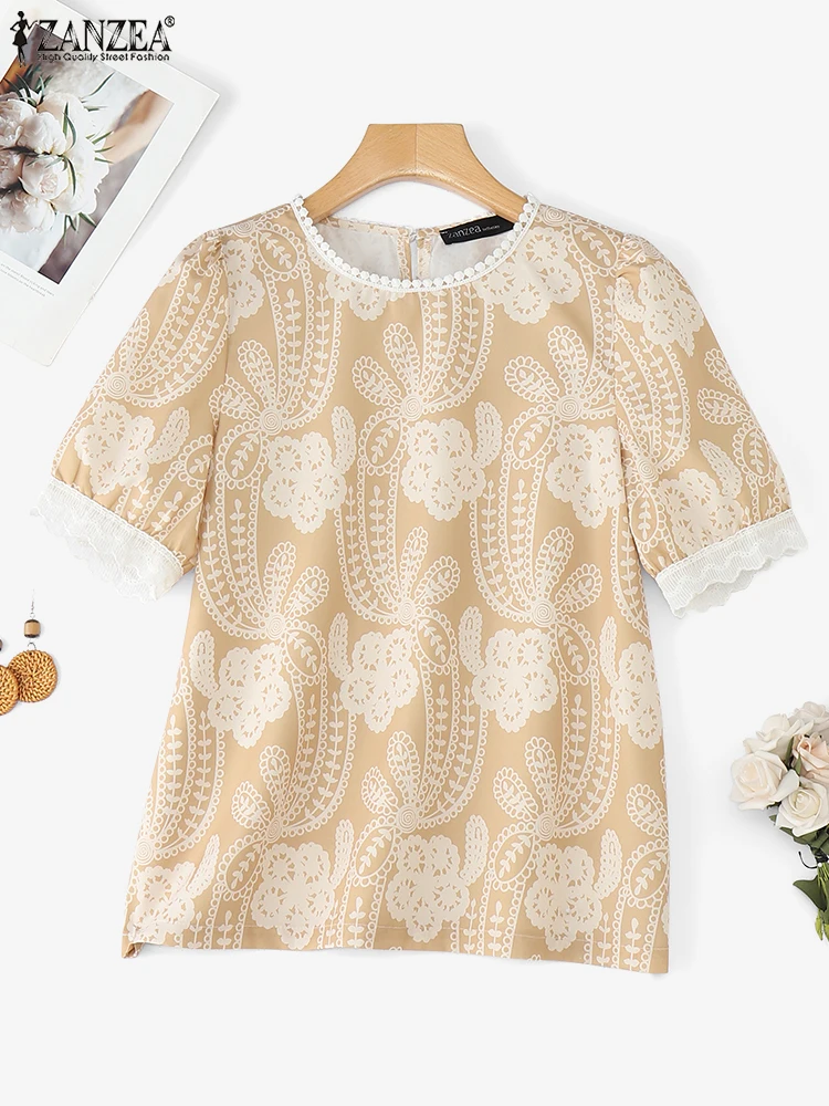 ZANZEA Vrouwen Kant Patchwork Tops Korte Mouw Blusas 2025 Mode Gedrukt Blouses Casual Losse Tuniek Vintage O-hals Trui