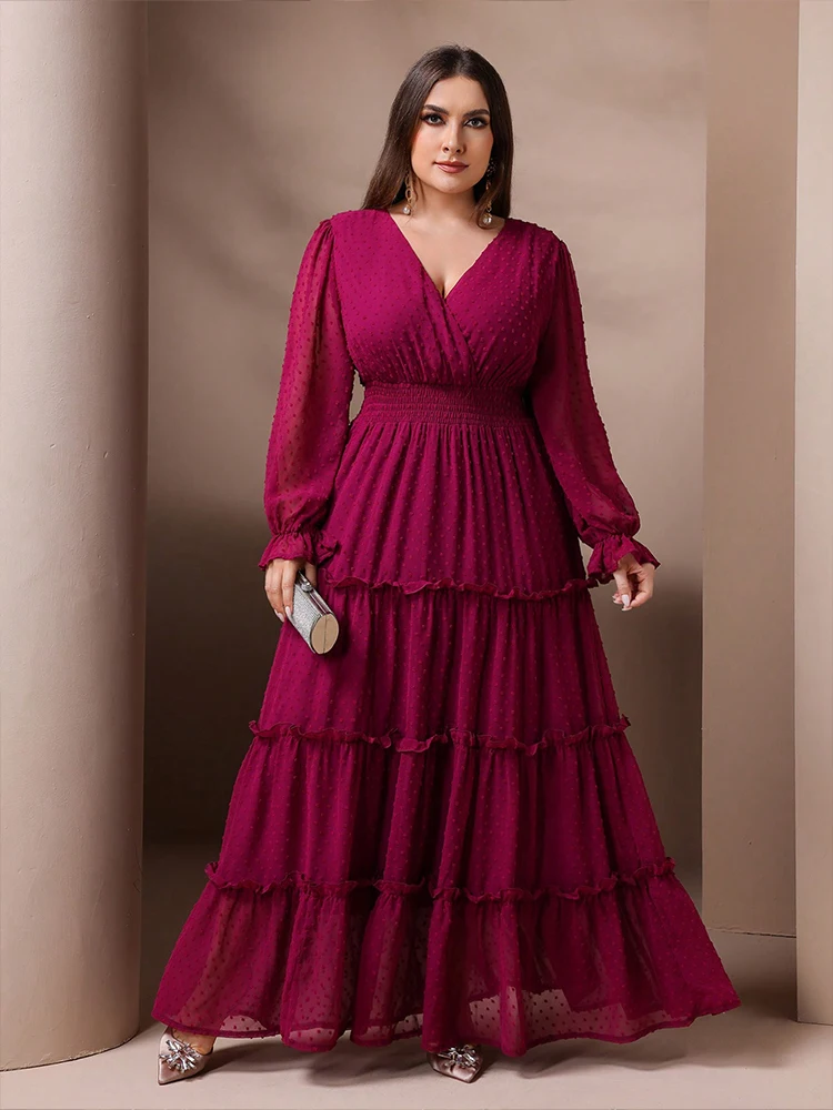 TOLEEN Women Plus Size Maxi Dresse Elegant Lantern V-Neck Rose Red Cake Dress Luxurious Women's Wedding Party Bridesmaid Dress