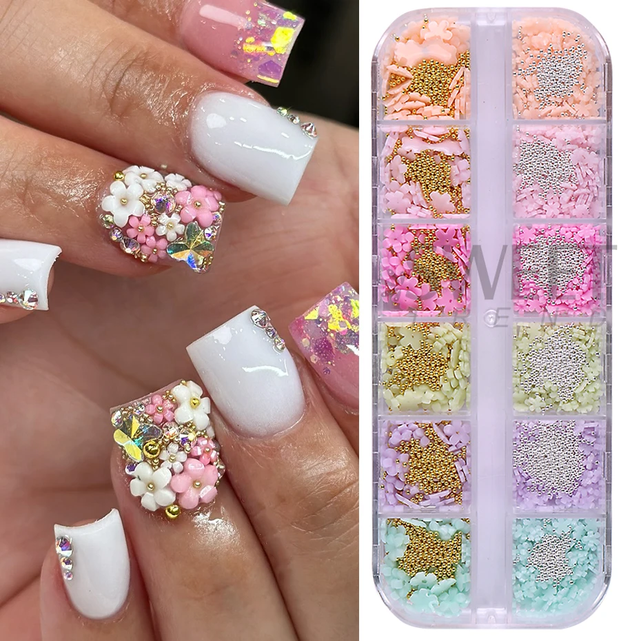 Dijes de flores pequeñas coloridas para uñas, decoración con cuentas de Caviar doradas y plateadas, manicura Floral acrílica, joyería de diamantes de imitación, 12 rejillas