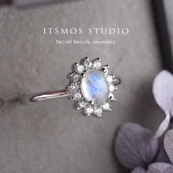 ITSMOS Moonstone Pave CZ Rings Luxury Natural Gemstone Band Jewelry Classic Blue Bright Oval for Womens Lover Rings Gift