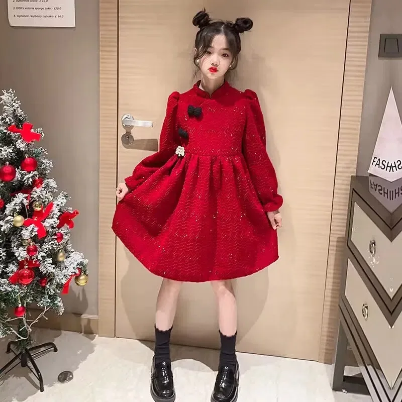 2024 autumn winter Kids Girls solid retro red Cheongsam Qipao Princess Teens New Year Dresses wool velvet Clothes 8 10 12 year