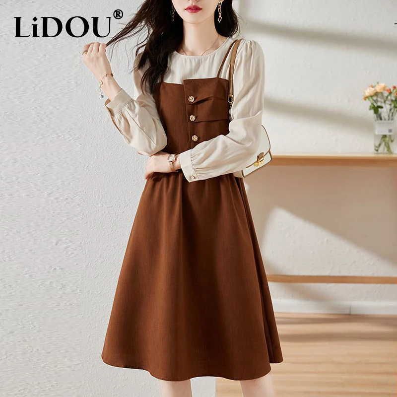 Spring Autumn Fake Two Pieces Pleated Buttons Robe Femme Long Sleeve Elegant Fashion Patchwork Vestido Women Casual A-line Dress