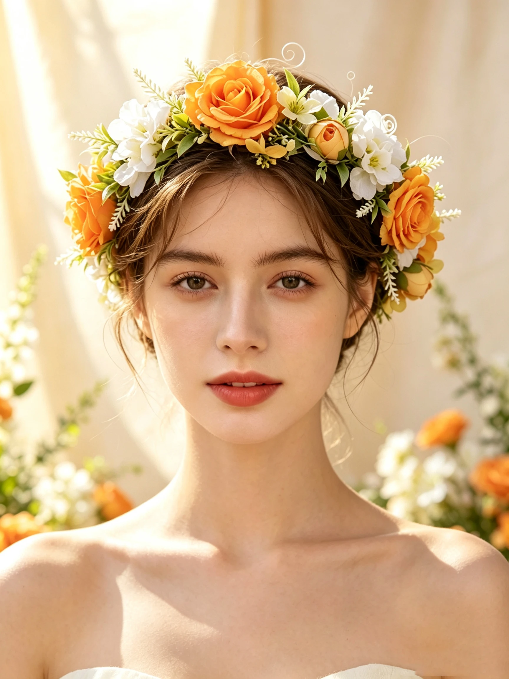 Orange Roses, White Flowers, Green Leaves, Wreath, Bride's Wedding Dress, Headpiece, Travel Photography, Children's Picnic, Holiday Flower Headband