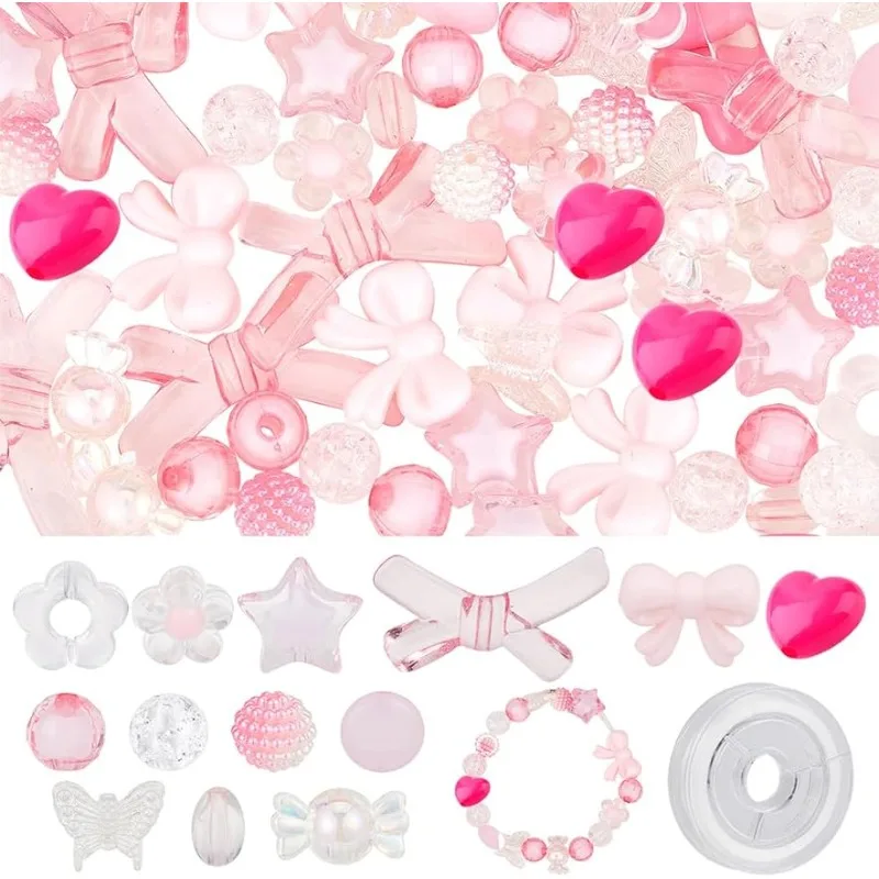 150Pcs 13 Style Acrylic Assorted Beads Pastel Beads Transparent Flower Beads Candy Faceted Star Heart Butterfly Bead Round Beads