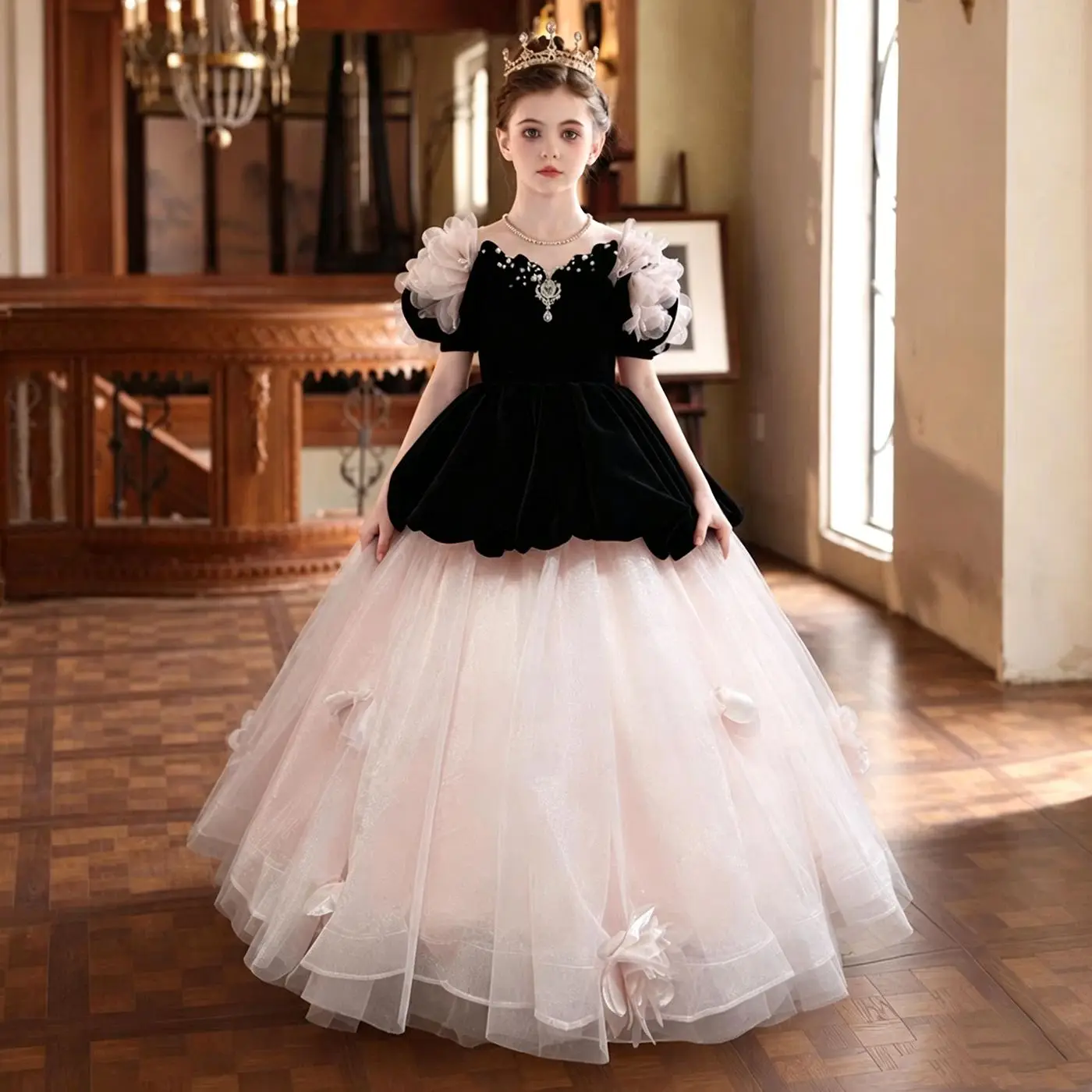 Dreamy Vow D383 Black Pink Tulle Flower Girl Dress, Velvet Rose Beaded Princess Ball Gown, Girls Maxi for Wedding Pageant