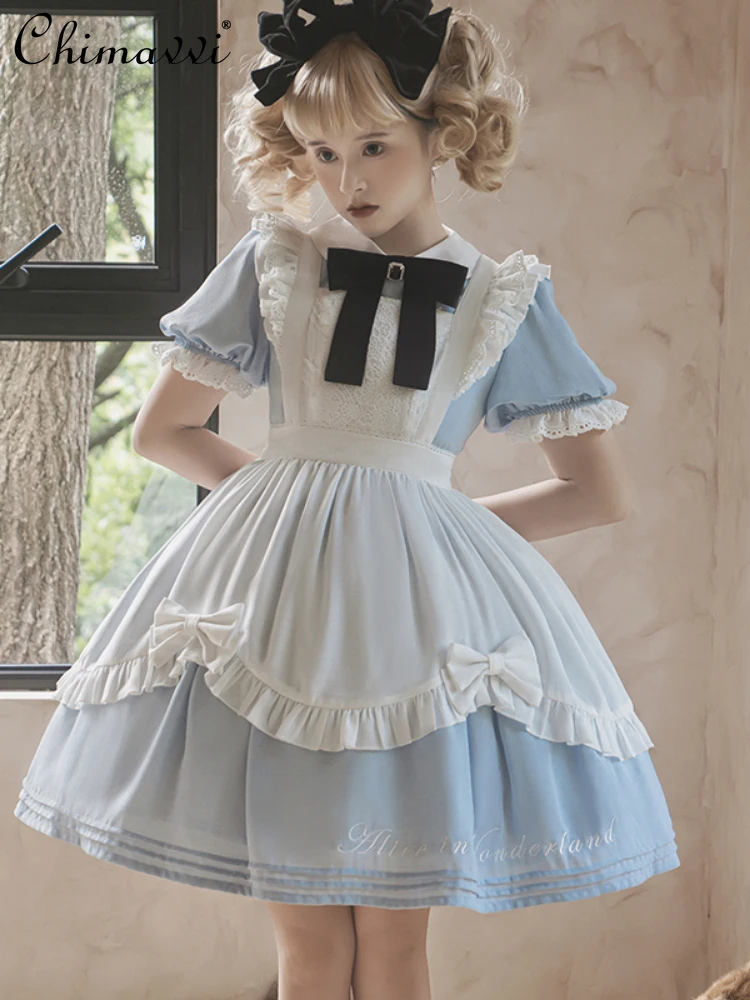 

Lolita Style Round Neck Puff Sleeve Sweet Women Dress Summer Mid-Waist Blue Short Sleeve Dress Lace Slimming Knee Length Dress