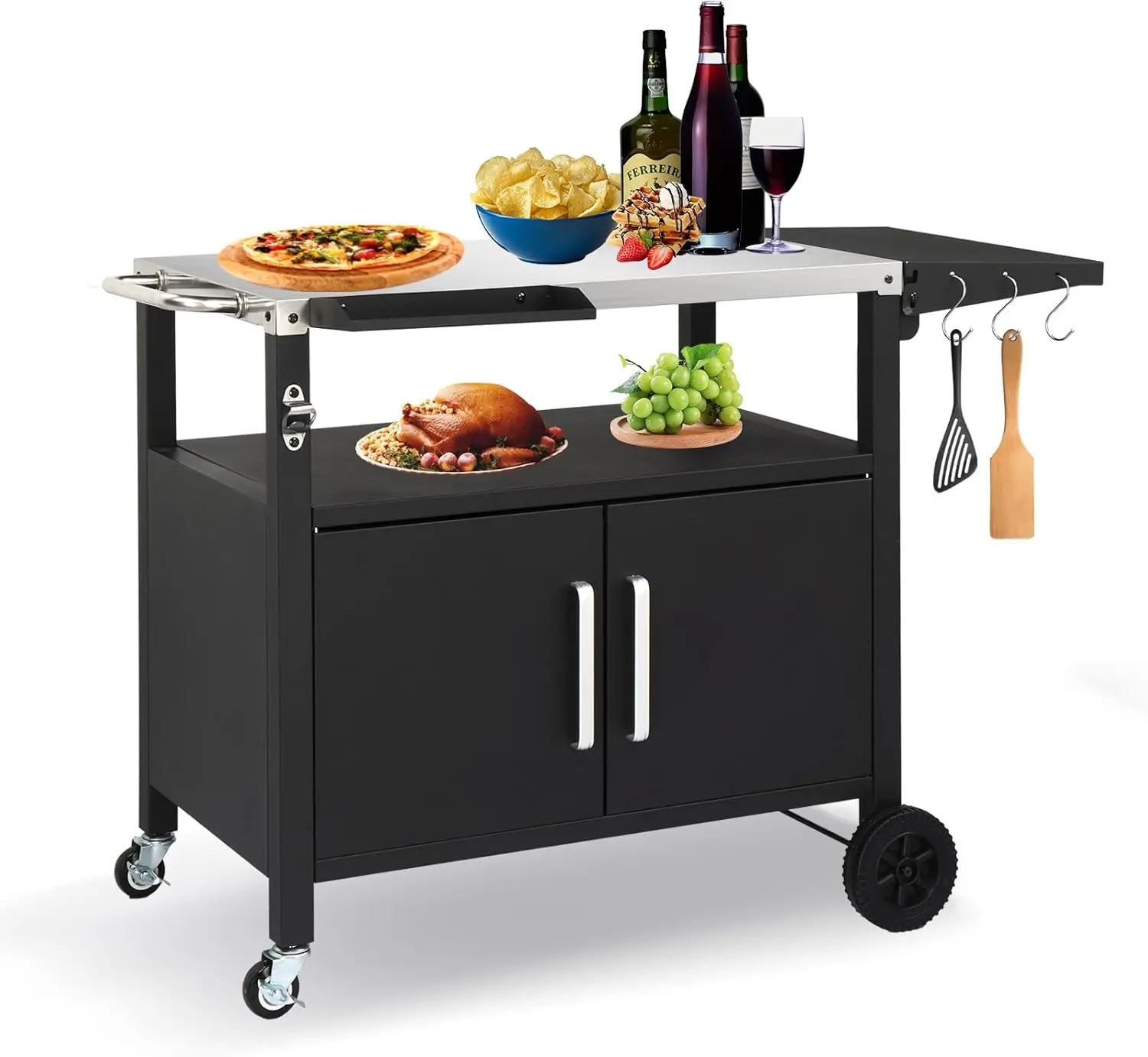 Outdoor Grill Cart with Storage, Bar Patio Kitchen Island Outdoor Grill Table, BBQ Cart Movable Pizza Oven Table Stand