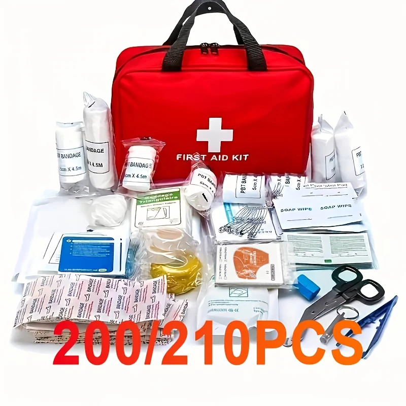 

200/210-piece Deluxe First Aid Kit - Red, containing scissors and essential items for hunting, hiking and camping emergencies