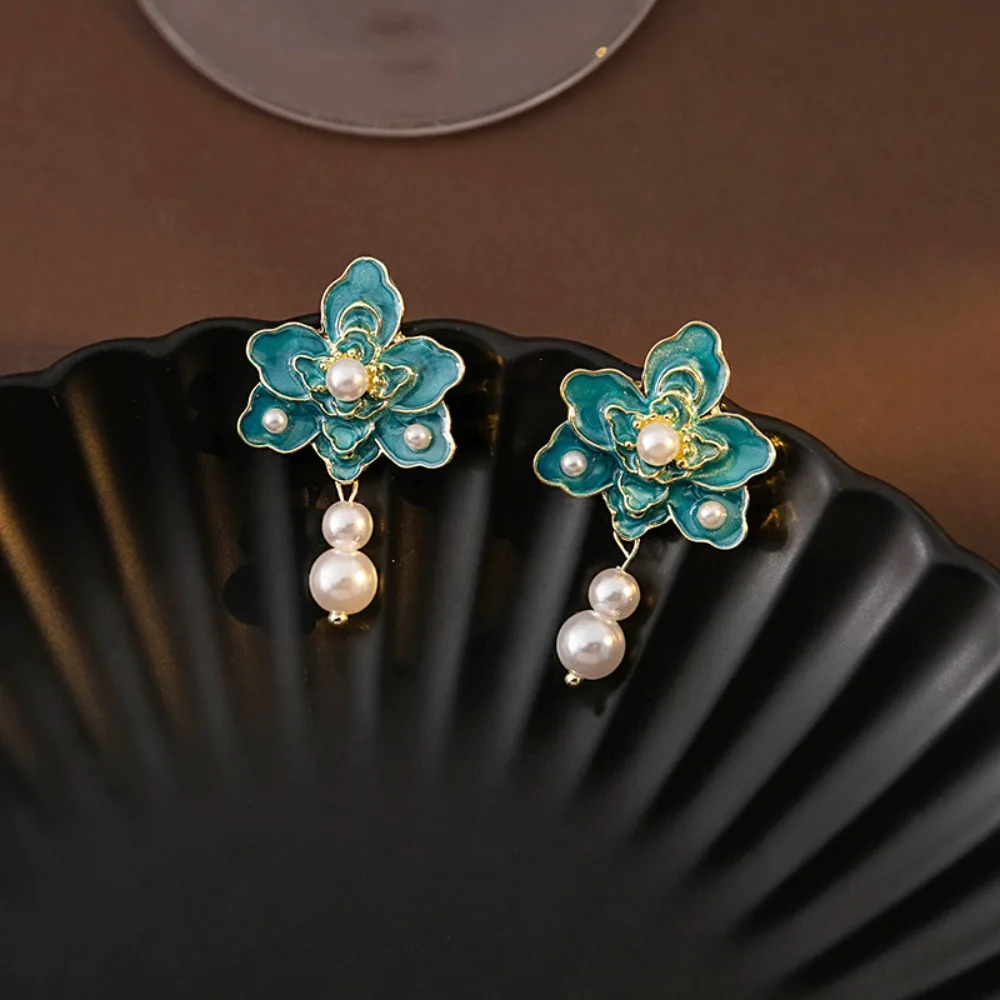 Imitation Pearl Flower Pearl Earrings Sense of Design Jewelry Accessories Flower Pearl Ear Pendant Blue Flower Stud