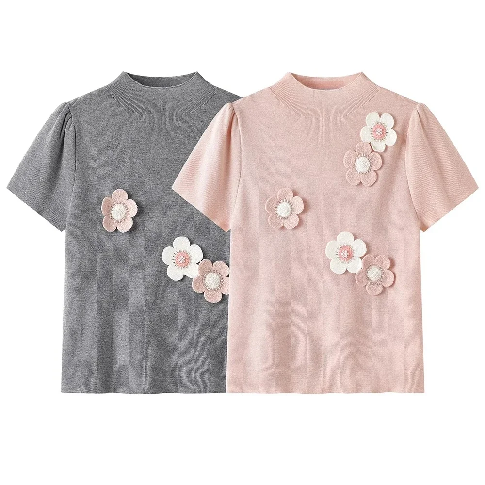 

2025 New Summer 3D Floral Short Sleeve T-Shirt Women Clothes Sweet Korean Cute Tees Kawaii Clothes Casual T Shirts Y2k Tops