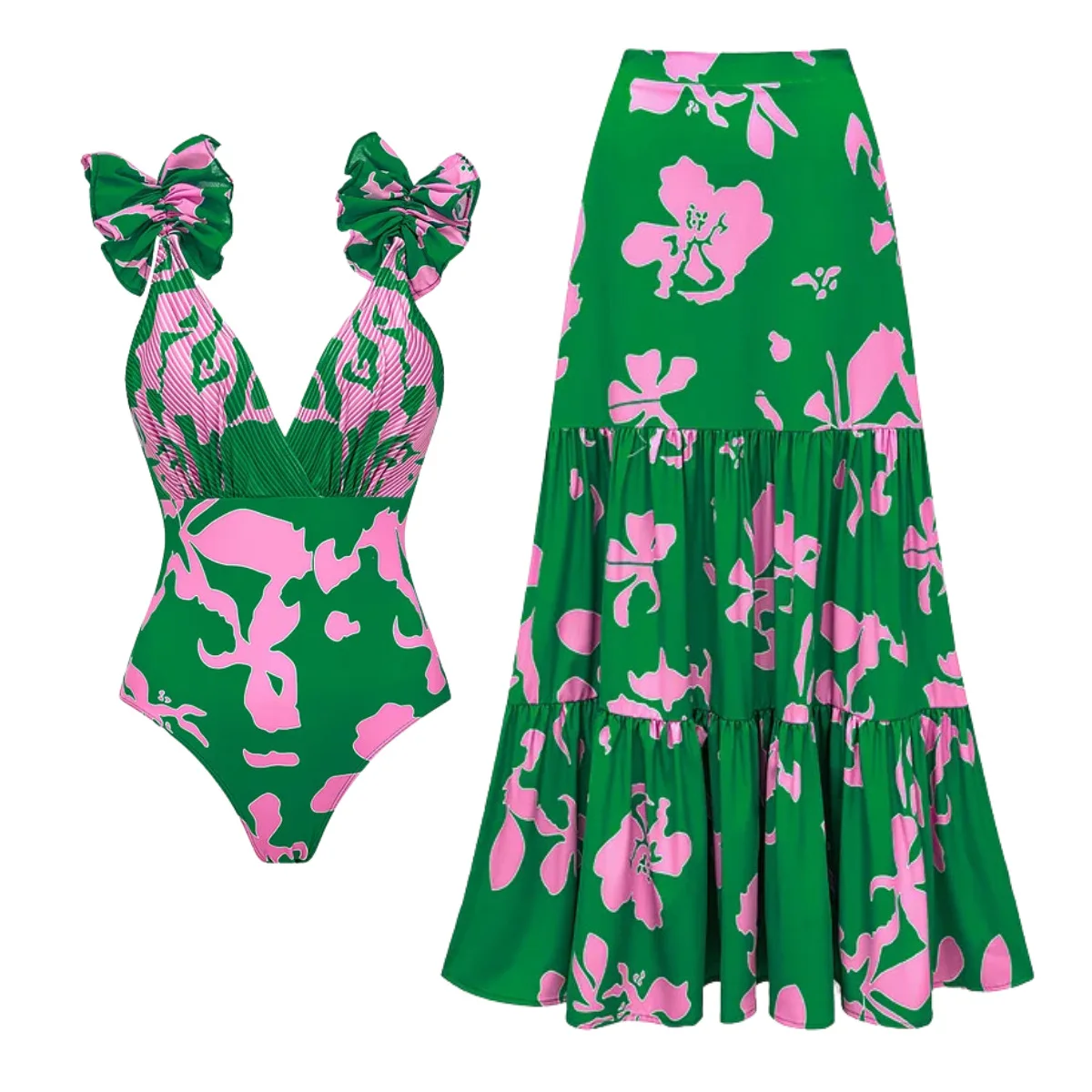 New Print Swimsuit With Cover Up Women Floral Swimwear Sexy Swim Suit High Waist Bikinis Puff Sleeve Bodysuit Bathsuit Beachwear