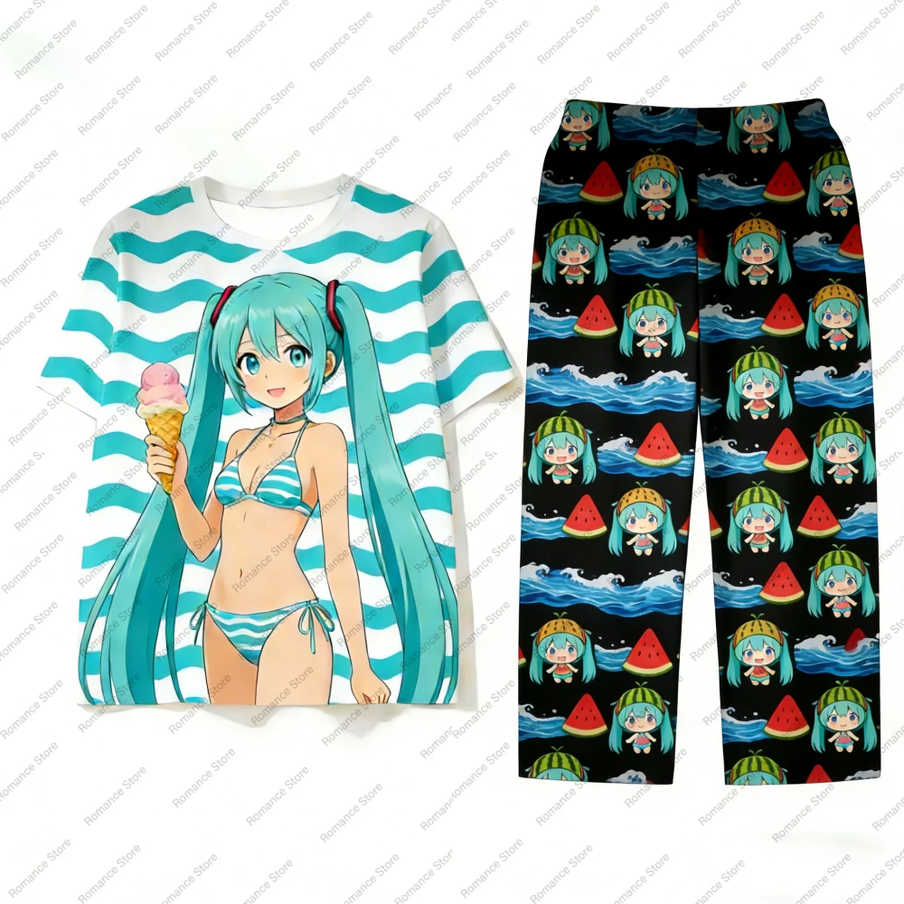 

Hatsune Miku Print Women's Short Sleeve T-Shirt And Trousers Set Summer Casual 3d Print Summer Cute Men's Sport Tops Set