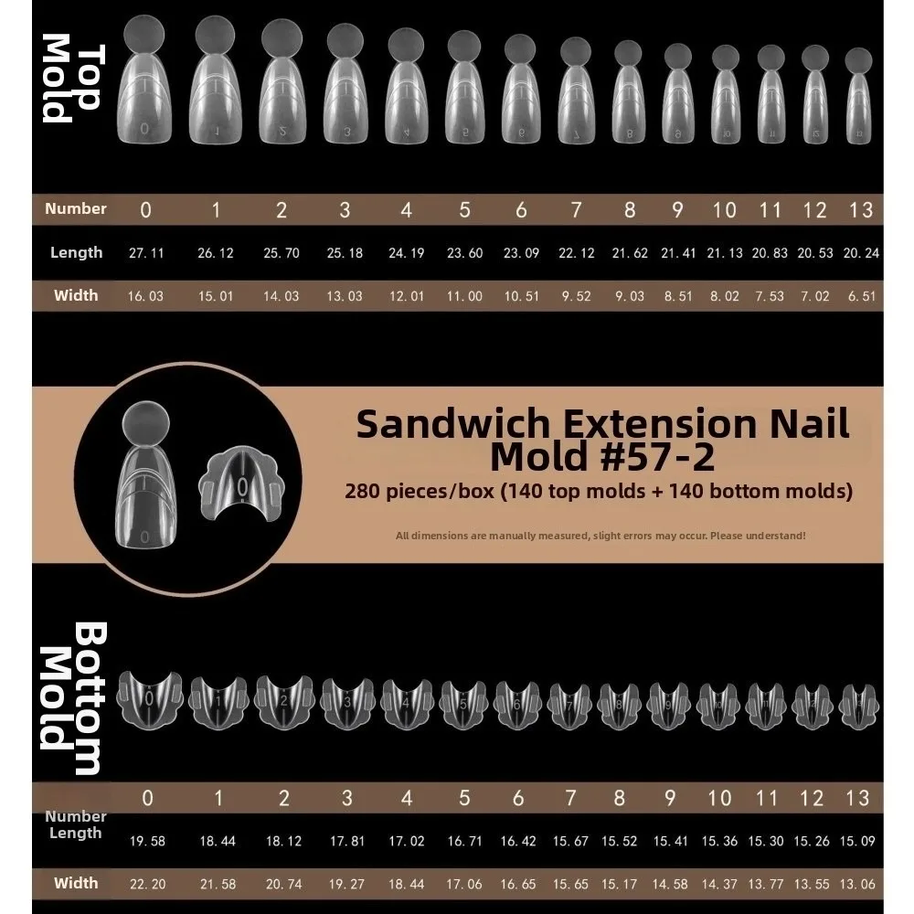 

280 шт. 14 размеров, двойные формы для наращивания ногтей, многоразовые, прозрачные, акриловые, двухслойные, квадратные, овальные
