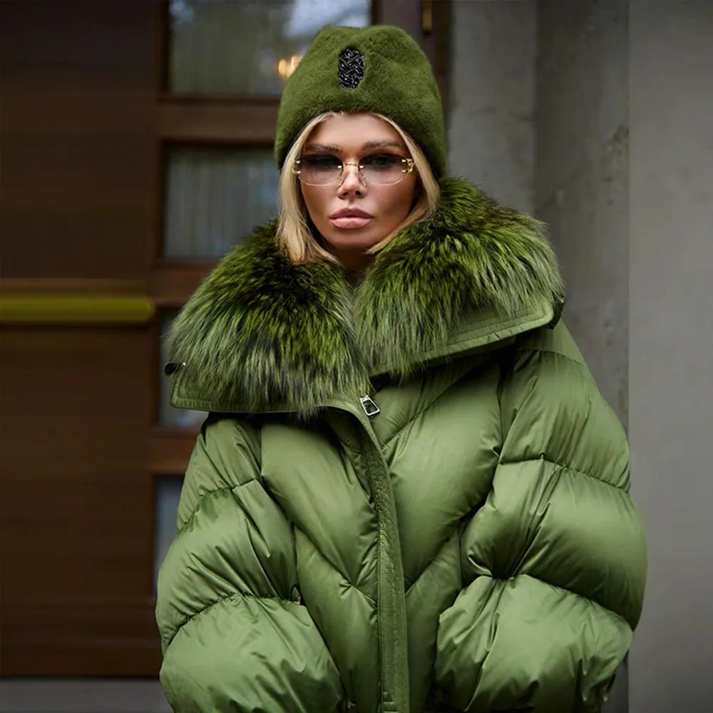 FL, abrigos acolchados con cuello de piel verde para mujer, abrigo holgado de algodón de manga larga con bolsillos y cremallera, chaquetas cálidas de invierno para mujer 2025