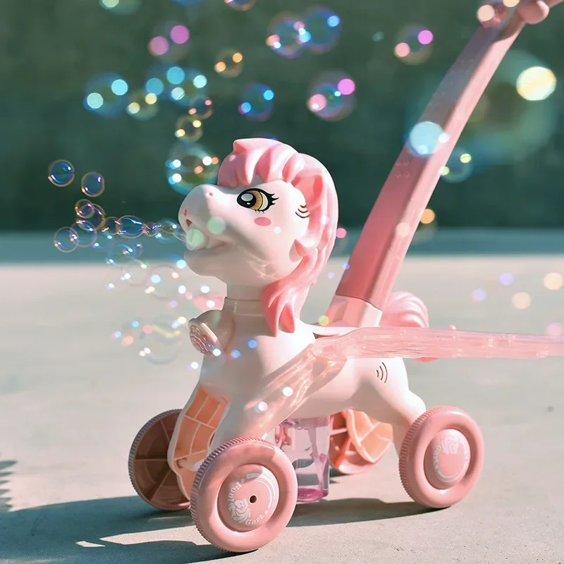 Pony Electric Bubble Machine Children\'s Hand Push Cartoon Unicorn Bubble Car Music Lighting Children\'s Toys Soap Water Birthday