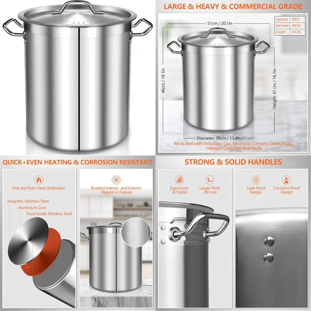 

Сверхмощная 50-литровая кастрюля из нержавеющей стали с крышкой — большая кастрюля для супа, тушения, чили — индукционная кастрюля коммерческого класса