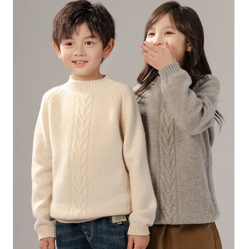 Autumn and Winter New Wool Thickened Sweater Boys and Girls Medium and Big Children Half Turtleneck Pullover Long