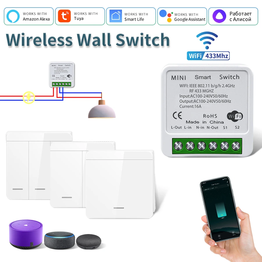 Tuya Smart WiFi Interruttore Per Illuminazione A LED 1/2/3 Gang RF433MHz Interruttore Da Pannello Senza Fili Vita Intelligente APP Alexa Google Casa di Controllo Vocale
