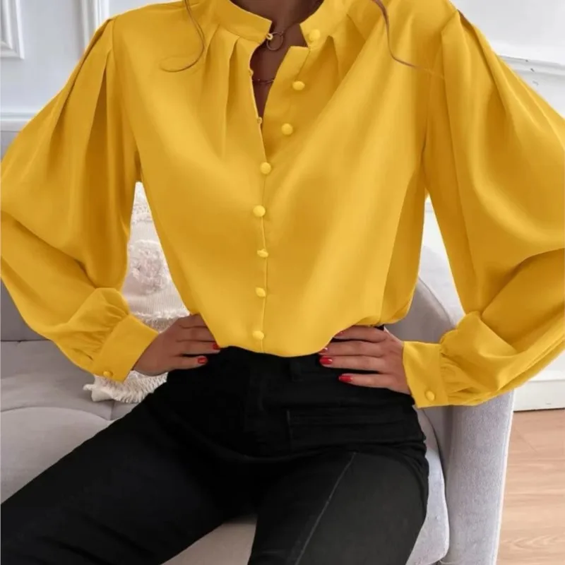 Casual Women Shirt Autumn Winter New Fashion V Neck Long Sleeve Solid Office Button Top Elegant Holiday Womens Blouses Tops