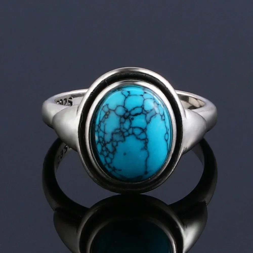 Charms 8x10MM Turquoise Woman Wedding Rings Silver Jewelry Girls Female \'s Party Anniversary Birthday Present Wholesale