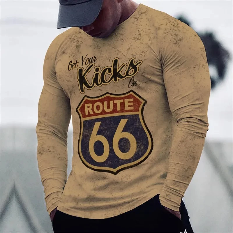 

Vintage Route 66 3D Print Summer Men's O Neck Casual Long Sleeve T Shirt Oversized T Shirt Fashion Pullover Trendy Men's