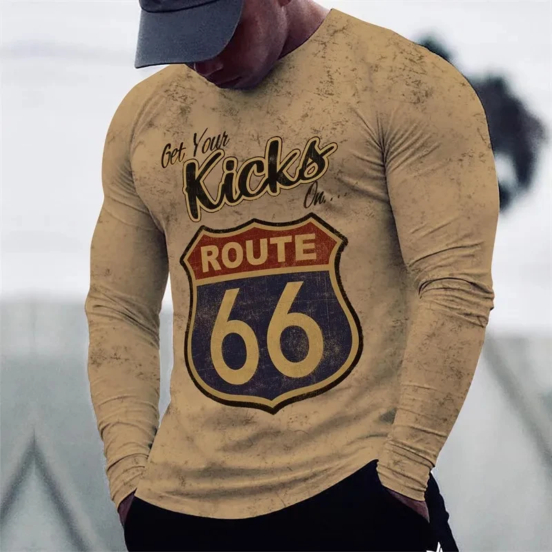 Vintage Route 66 kaos lengan panjang untuk pria, t-shirt kerah bulat kasual ukuran besar modis musim panas 3D untuk pria