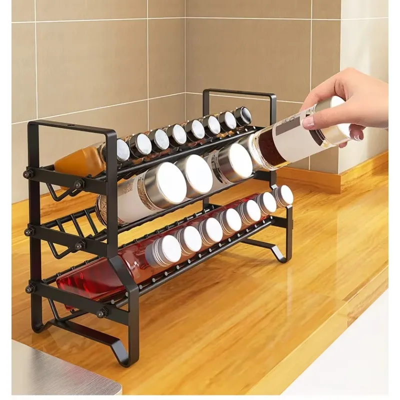 Kitchen 3 Tier Spice Rack Organizer Space Saving Countertop Seasoning Rack Metal Free Standing Waterproof for Condiment Jar