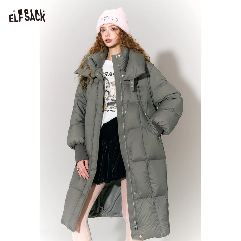 معطف ELFSACK كلاسيكي بسيط وقلنسوة طويل منتفخ للنساء #1