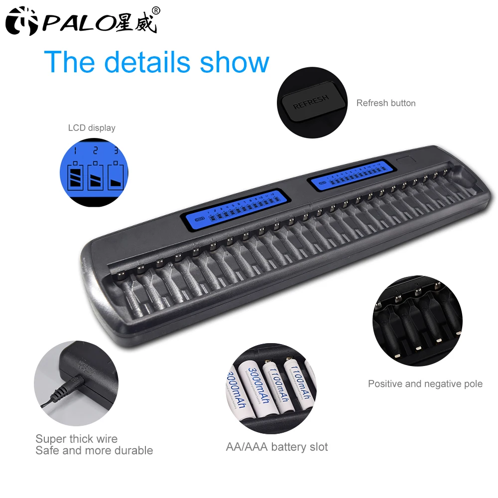 PALO-cargador de batería inteligente con pantalla LCD, 24/36/48 ranuras, 1,2 V, pilas recargables AA, AAA, NiMh, NiCd