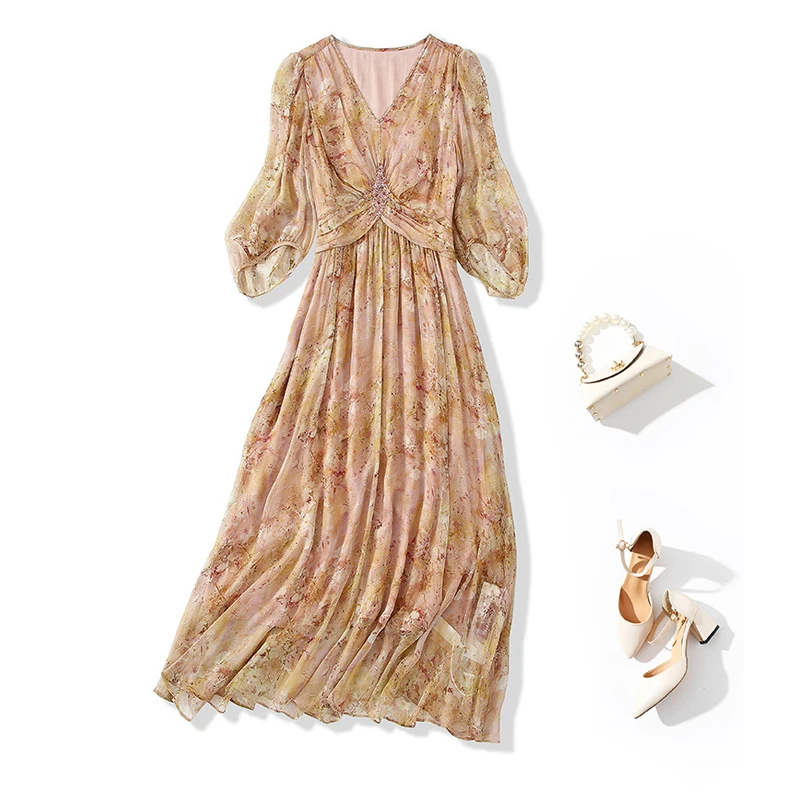 

Women's 100%Real Silk Elegant Dress, V Neck Beading Floral Print, Beach Vacation Party Dresses, 2025 Summer D56677CC