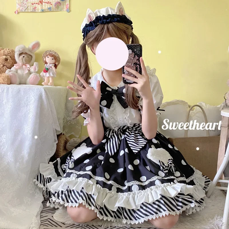 Süße jsk lolita kleid sommer neue japanische bogen punkte rüschen baby puppe spaghetti träger kleider frauen mode kawaii süße kleidung