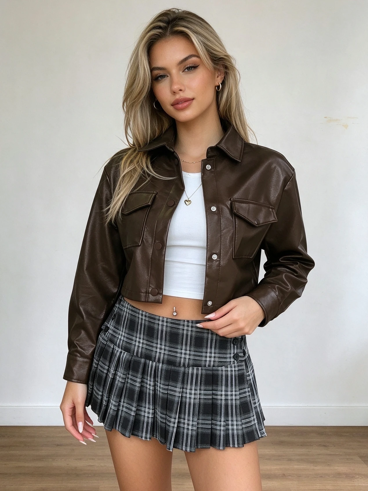 Women Fall Winter Y2K Gyaru Cute Loose Cropped Faux Leather Jacket Long Sleeve Solid Minimalist Casual Work Date Wear