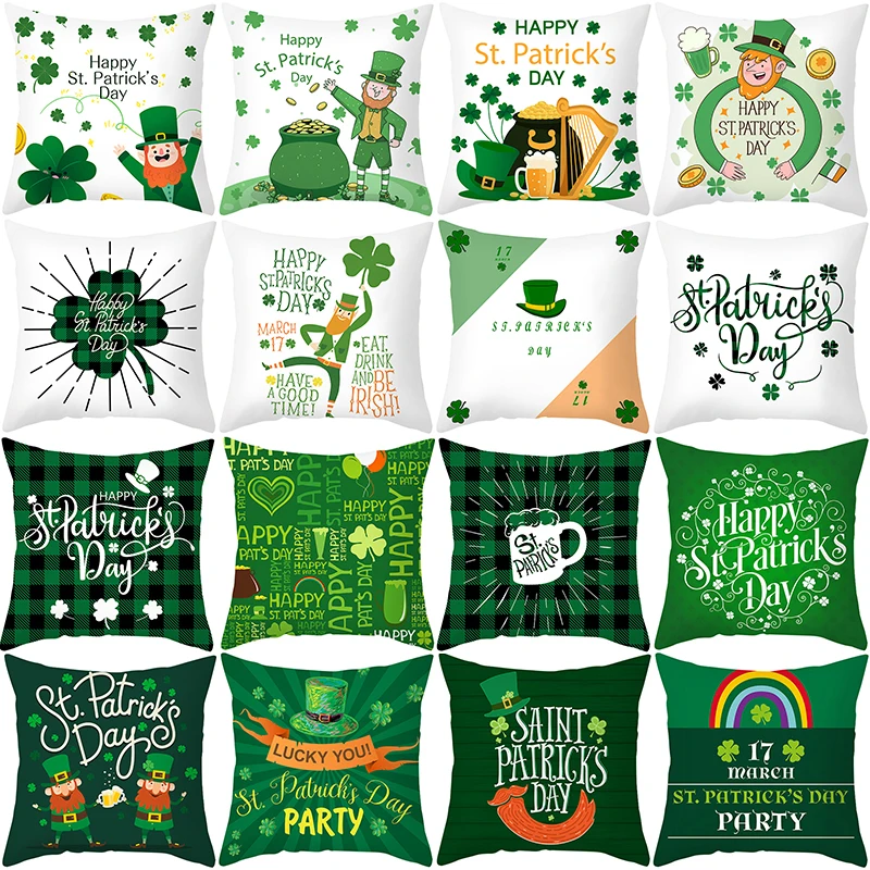 

St. Patrick'S Day Pillow Case Green Cartoon Letter Four-Leaf Clover Sofa Cushion Cover Ireland National Day Pillow Cover