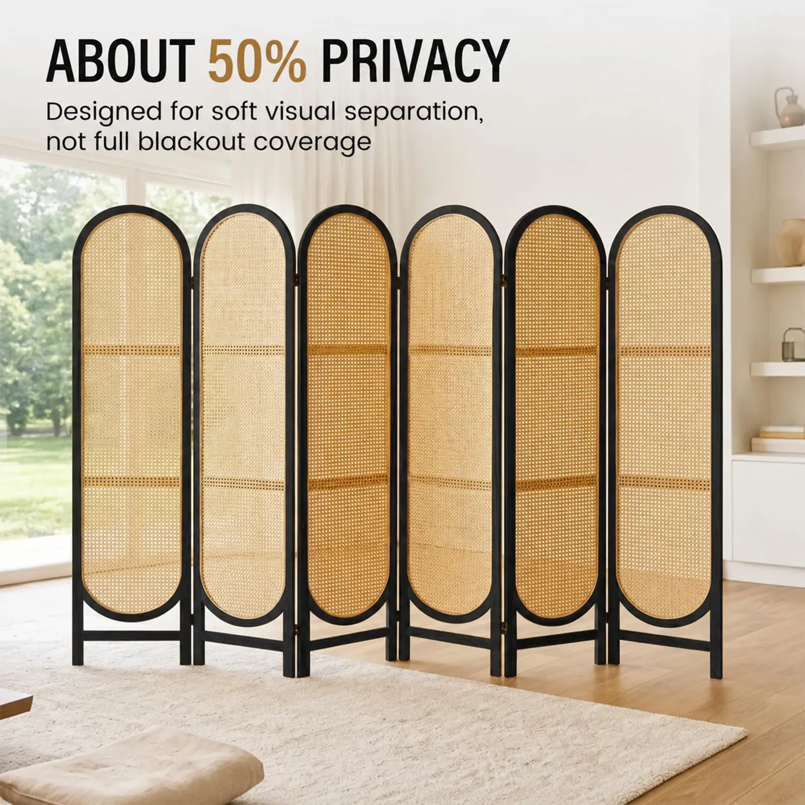 6 Panel Room Divider Wood Carved Room Divider Folding Privacy Sn with Double Hinges, Free Assembled Portable Partition
