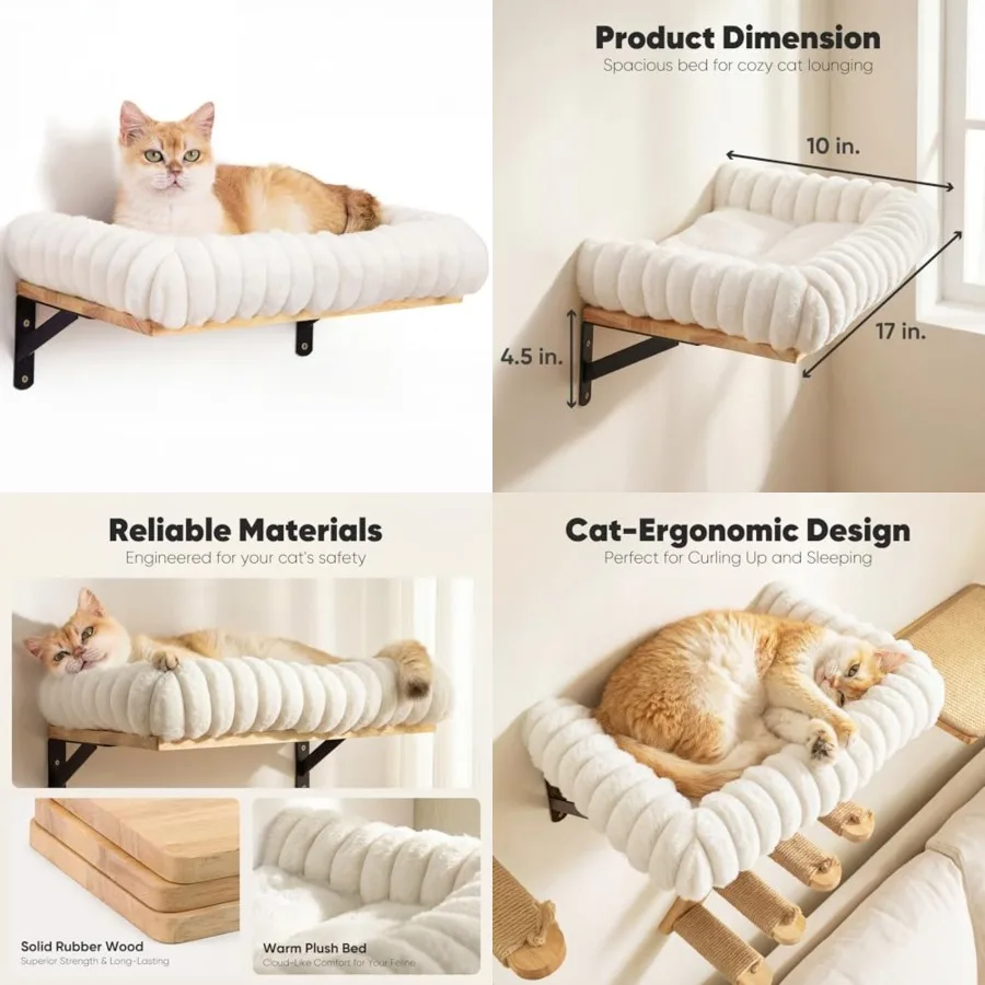 

Cat Wall Shelves, Cat Walls Furniture with Soft Bed, Solid Rubber Wood Floating Shelf, Kitten Window Perch for Sleeping, Playin