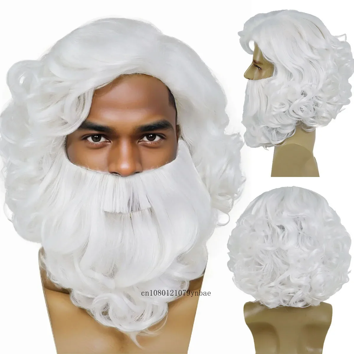 Synthetic Santa Beard and Wig Set for Old Men Short Curly White Wigs Man Costume Accessories Christmas Cosplay Carnival Party