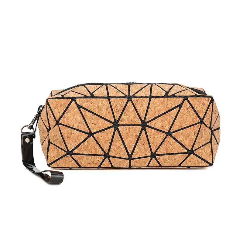 5pcs Makeup Bags Cork Leather Geometric Rhombus Printing Solid Travel Toiletry Bag With Wrist