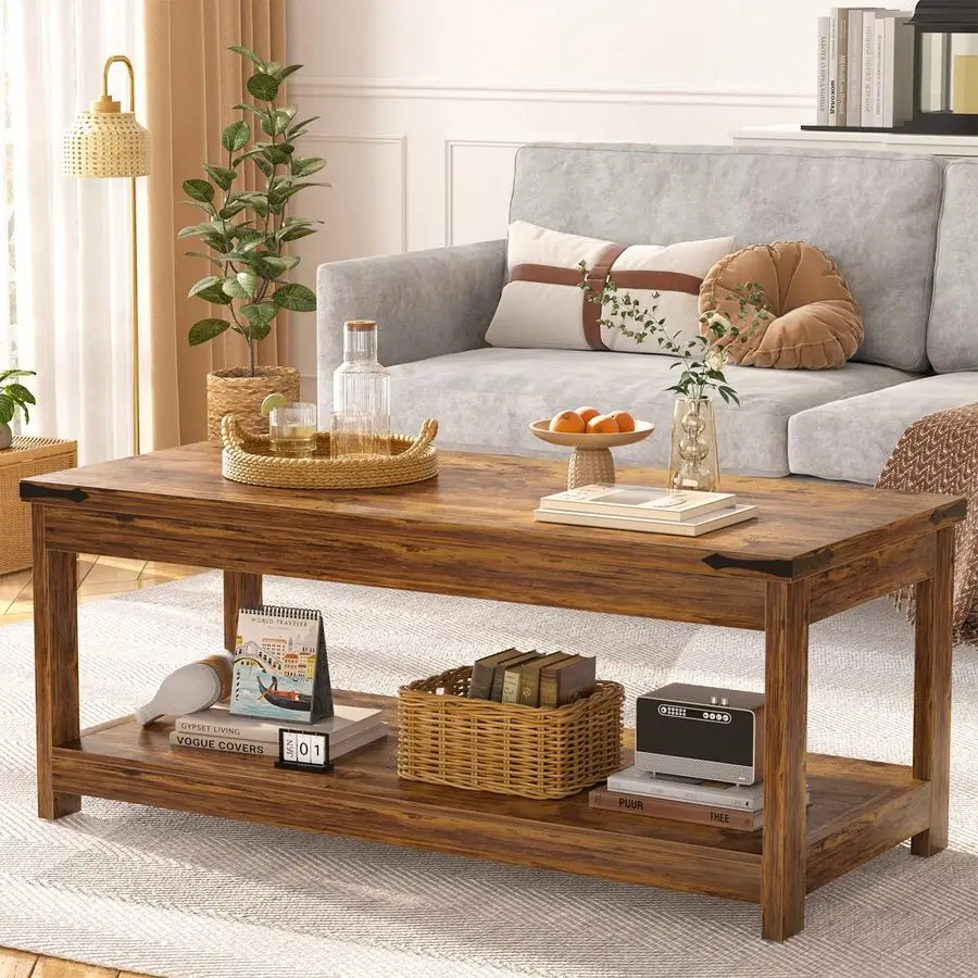 Coffee Table with Storage Shelf, 43.3 Farmhouse Wood Coffee Tables for Living Room, Modern Center Tea Table, Rustic Brown
