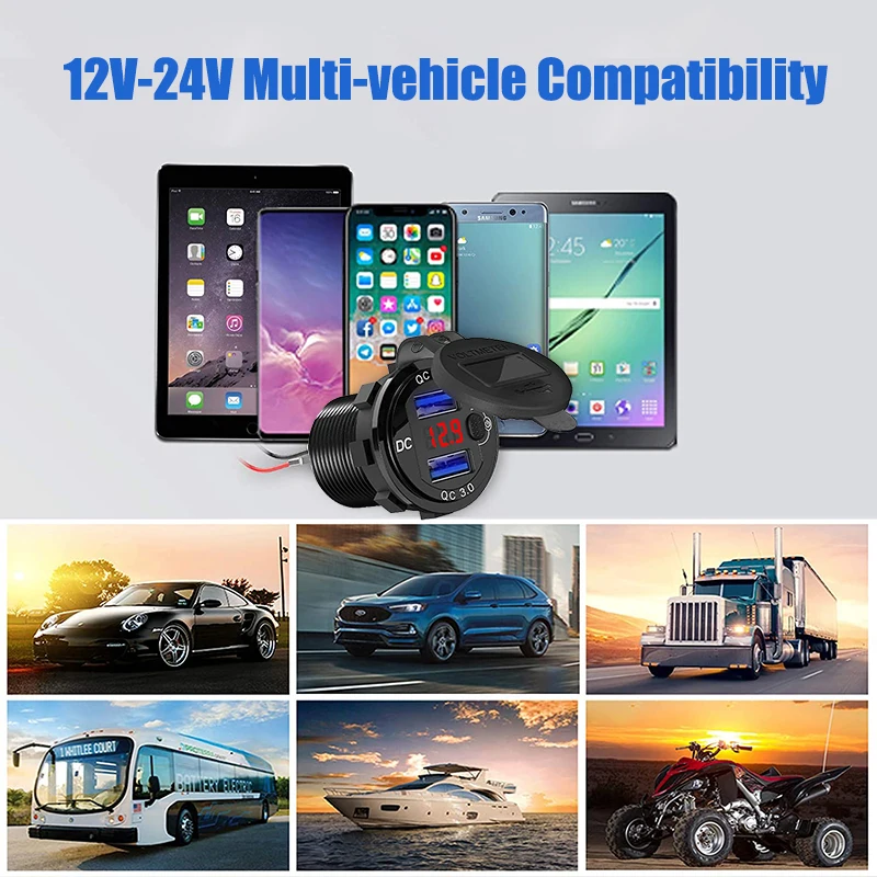 Schnellladegerät Aluminium QC3.0 Dual USB Autoladegerät mit Schalterknopf LED Spannungsanzeige für 12V/24V Autos Boote Motorrad – Detail 6