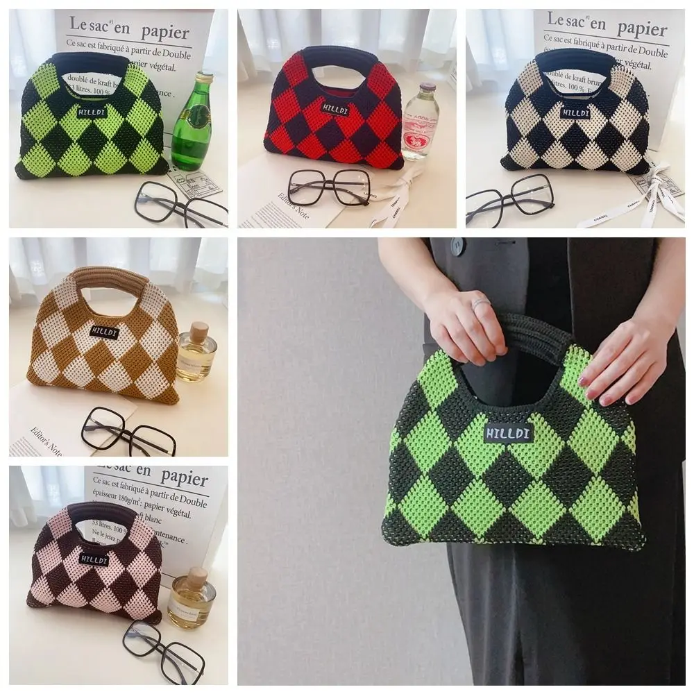 Knit Knitted Bag Portable Chessboard Diamond Pattern Wool Handbag Makeup Bag Letter Outdoor