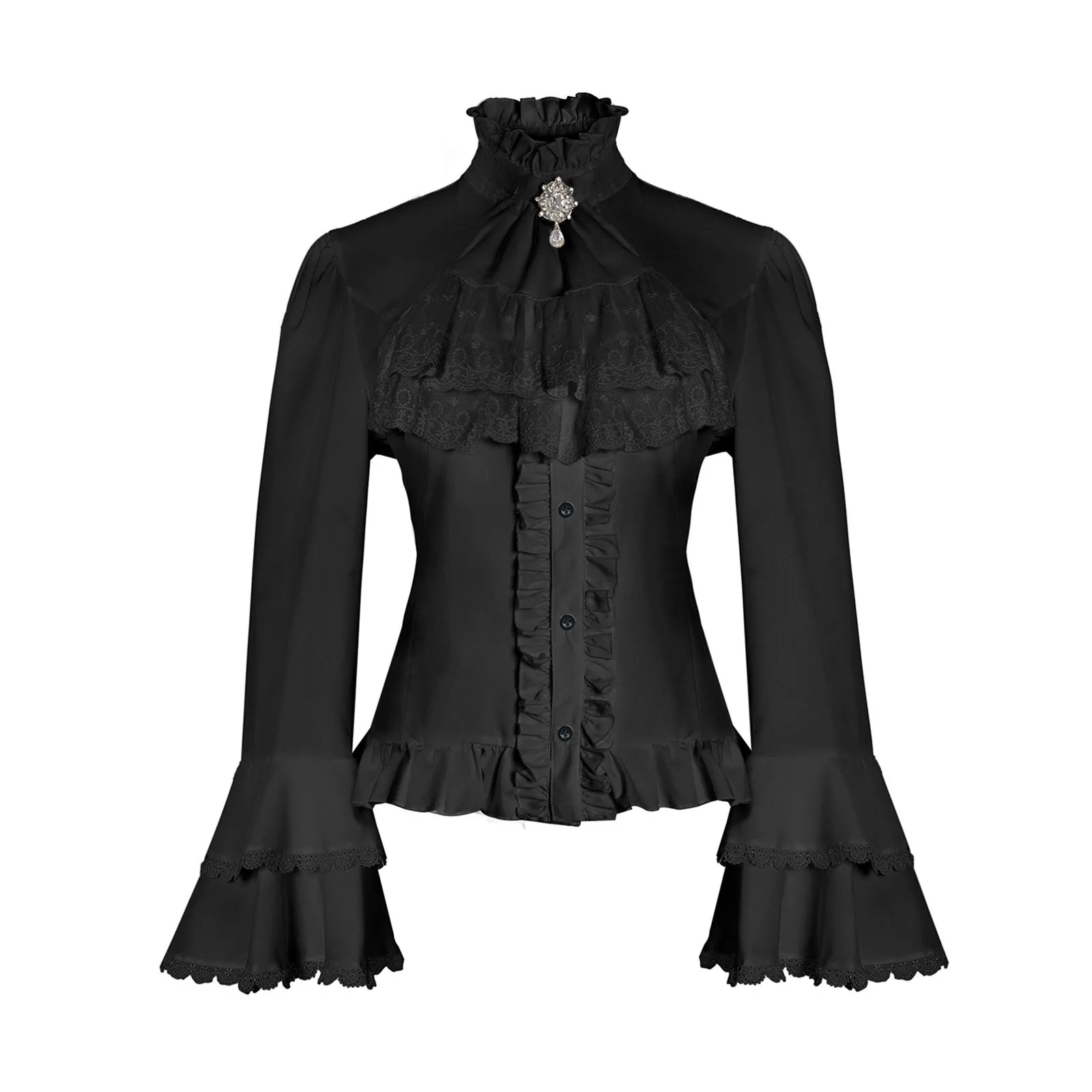

Victorian Women White Blouse Tops Ruffle Stand Collar Flared Sleeve Lace Splice Button Shirts Medieval Drawstring Slim Clothing