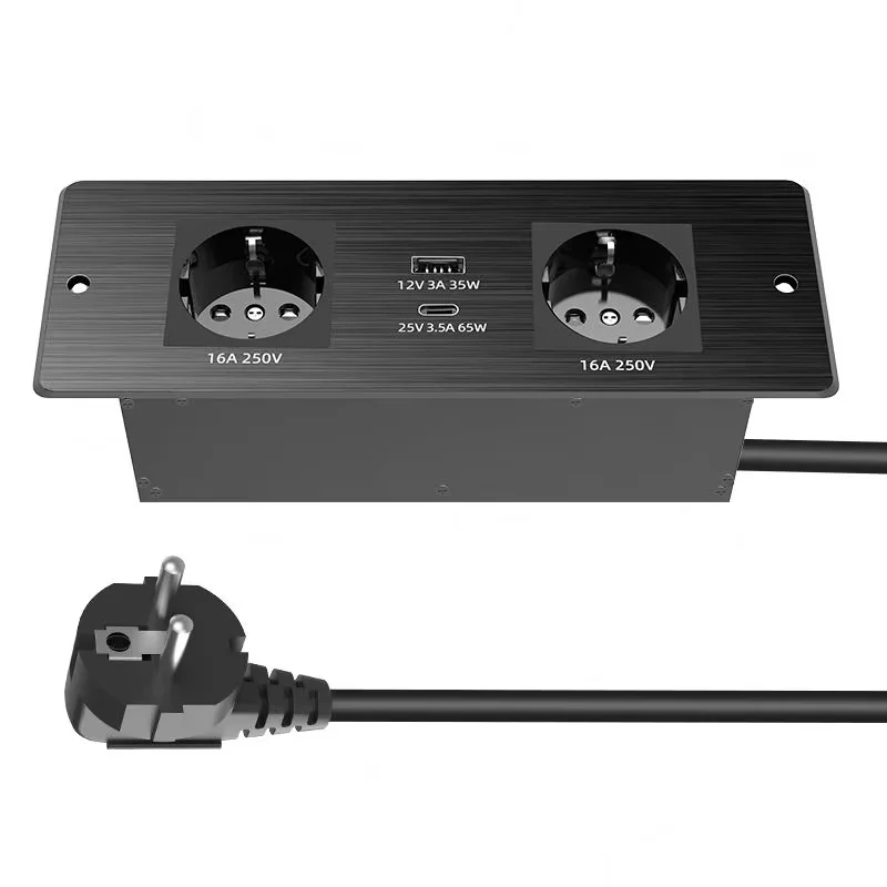 Recessed Installation EU Type Aluminum Alloy Plug with Socket Surge Protector Power Strip 65W USB-C Charger 2 AC Outlets