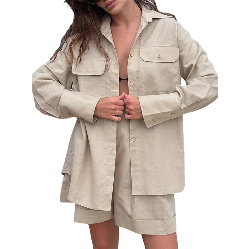 

ABP-2 Piece Outfits For Women Button Down Short Sleeve Shirts Loungewear Summer Shorts Sets With Pockets