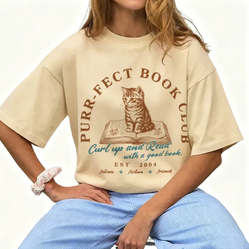 

Женская футболка с забавным надписью «Книжный клуб Purrfect», винтажная свободная футболка для книголюбов, милая футболка для любителей кошек, женские топы с литературной тематикой, подарки