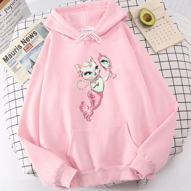 Merkitten with Mirror and Pearls Hoodies Women Aesthetic Sweatshirt Vintage Clothing Kawaii Cartoon Hoodie Harajuku Tops