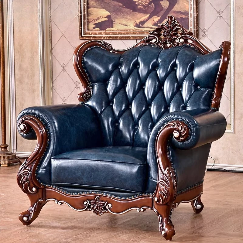 Imported leather sofa super high-end villa solid wood carving flower sofa